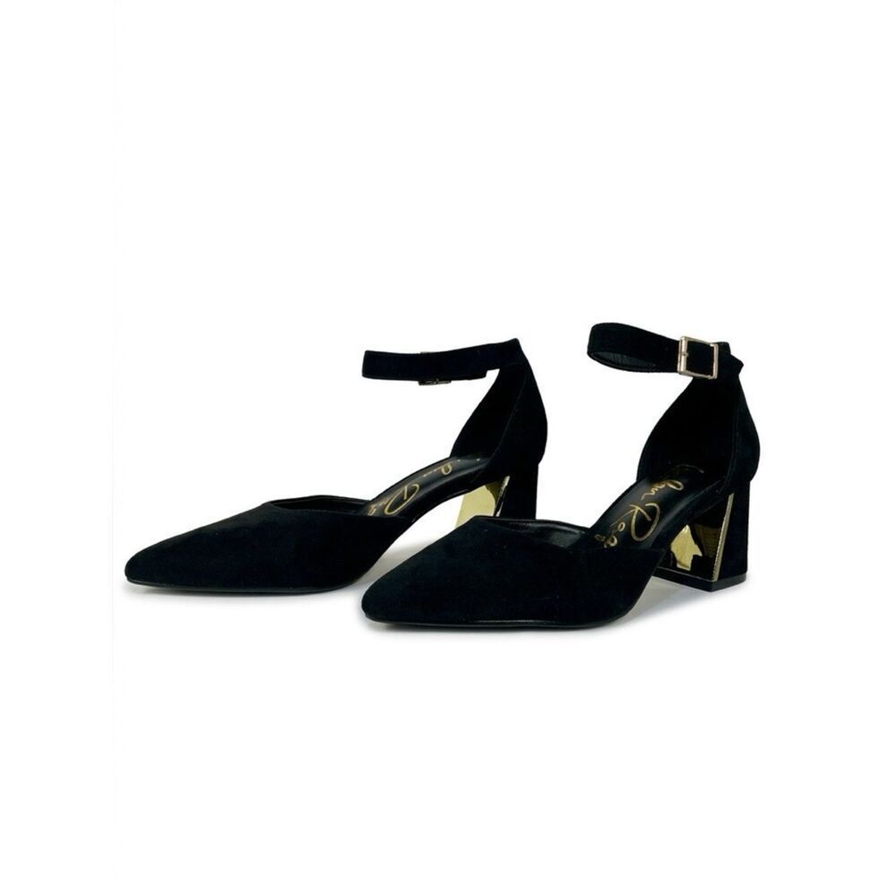 Black Suede Ankle-Strap Pointed-Toe Block Heels with Gold Accent